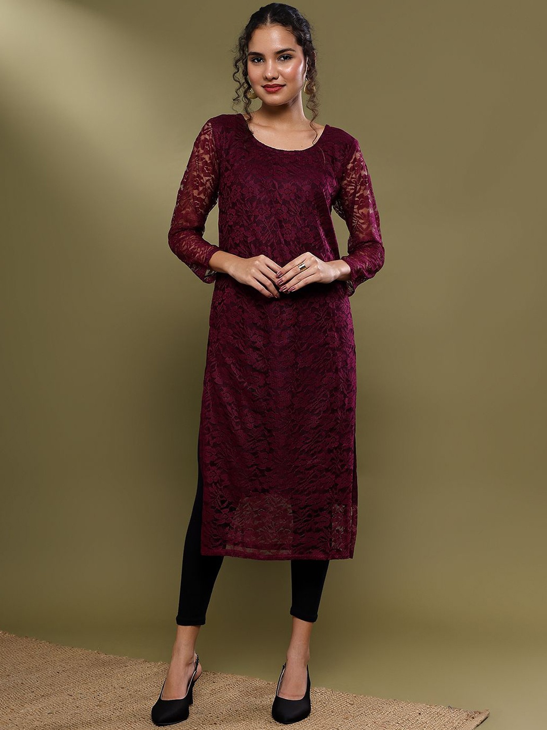 

FORKEY Floral Embroidered Net Brasso Straight Kurta, Purple