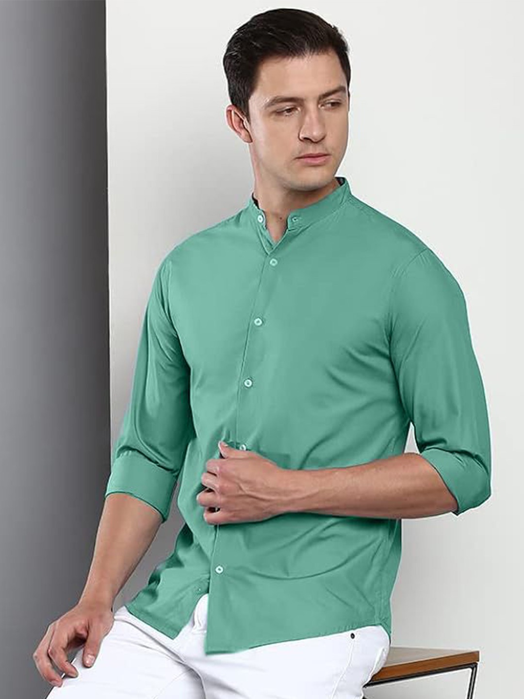 

AIA.FAB Men Comfort Mandarin Collar Solid Cotton Formal Shirt, Green