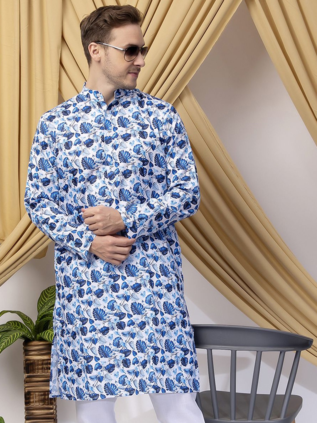 

Hangup Abstract Printed Mandarin Collar Straight Kurta, Blue