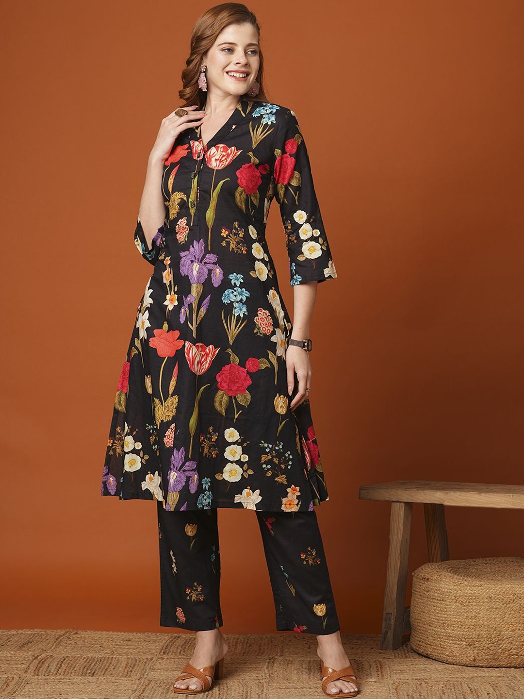 

FASHOR Floral Printed A-Line Tunic & Trousers, Black
