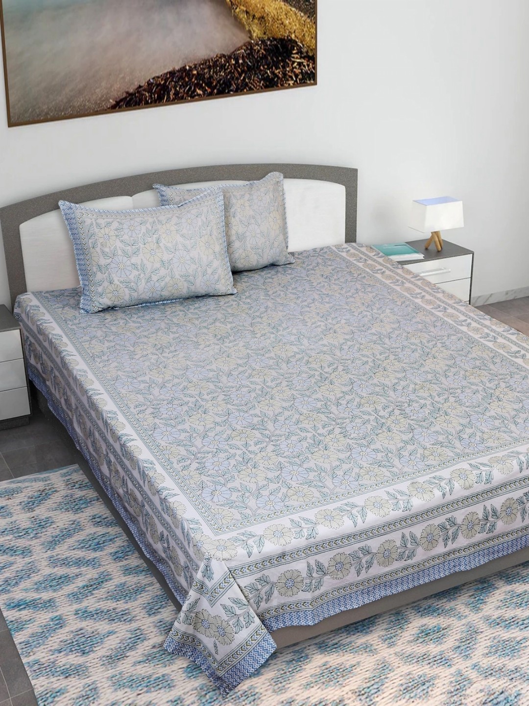 

Texstylers Blue & Green Kantha 210 TC Cotton King Bedsheet With 2 Pillow Covers