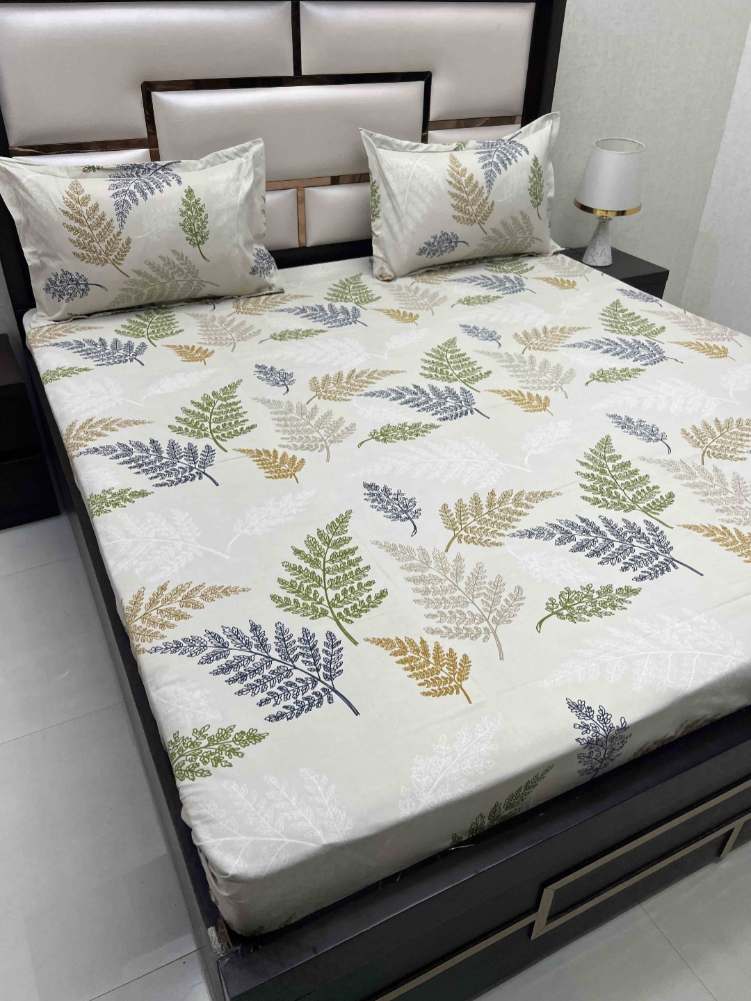 

Pure Decor Amulya White & Blue Printed 330 TC Microfiber Double Queen Bedsheet Set