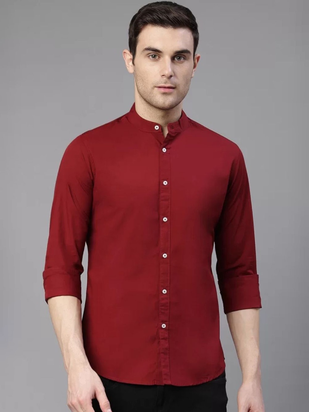 

AIA.FAB Men Comfort Mandarin Collar Solid Cotton Formal Shirt, Red