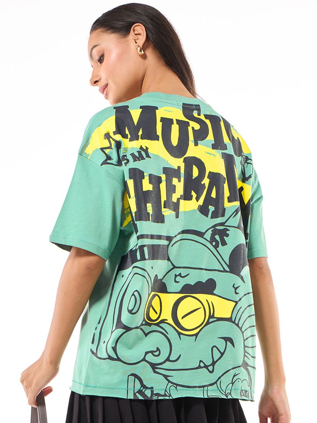 

Bewakoof Women Graphic Printed Round Neck Cotton Oversized T-shirt, Green