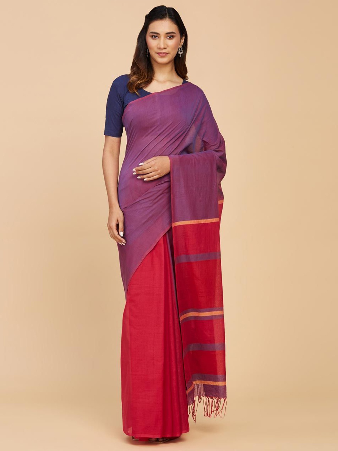 

Fabindia Solid Pure Cotton Saree, Purple