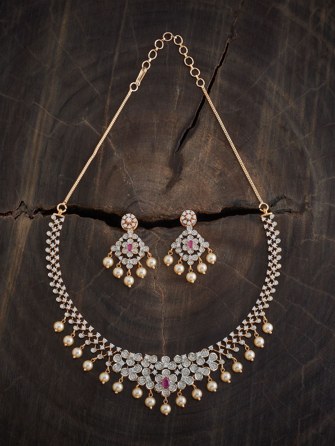 

Kushal's Fashion Jewellery Rhodium-Plated CZ Studded & Beaded Necklace and Earrings, Silver