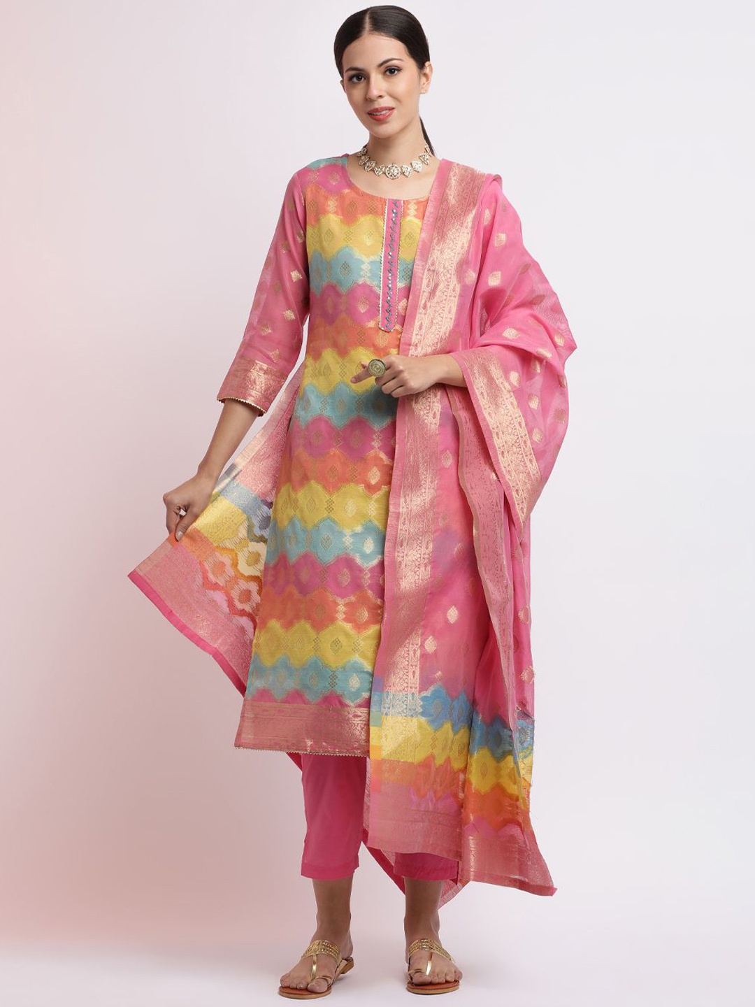 

Jaipur Kurti Woven Design Jacquard Festive Kurta Set With Dupatta, Pink