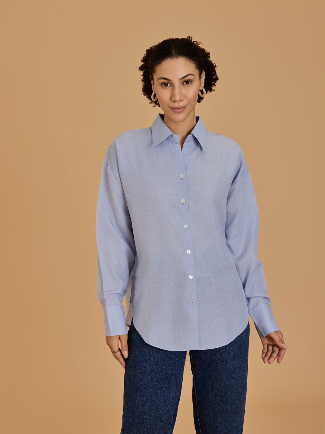 

Urban Sundari Women New Spread Collar Solid Cotton Casual Shirt, Blue