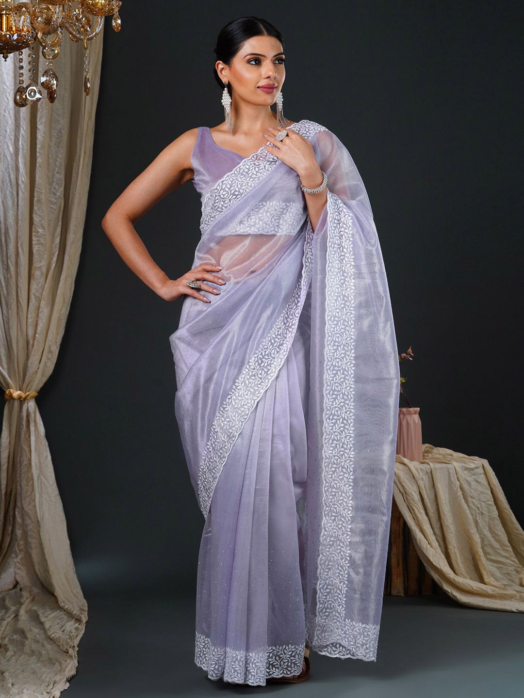 

Anouk Rustic Embellished Beads and Stones Organza Saree, Lavender