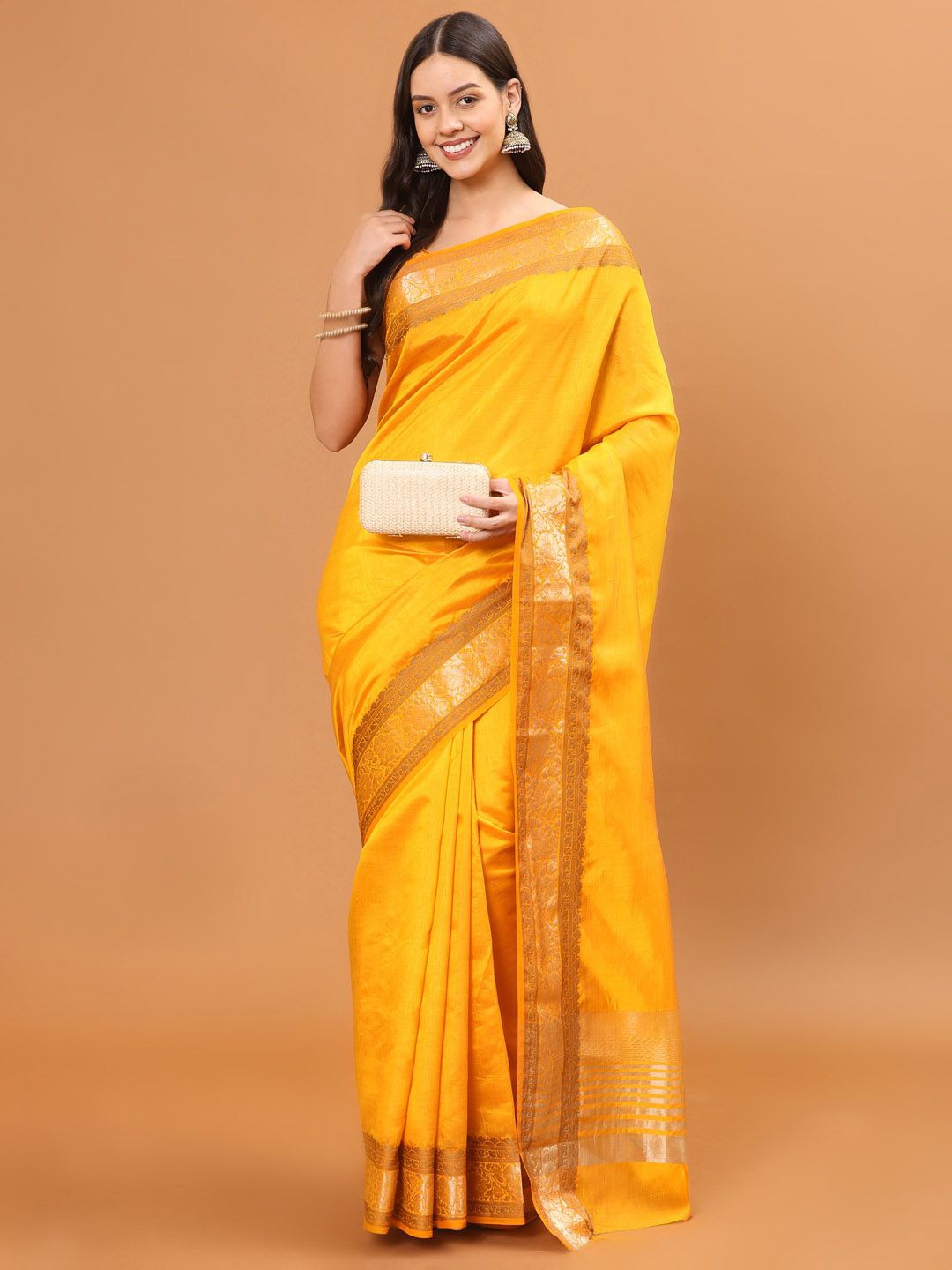 

Meena Bazaar Yellow Solid Handloom Zari Art Silk Saree