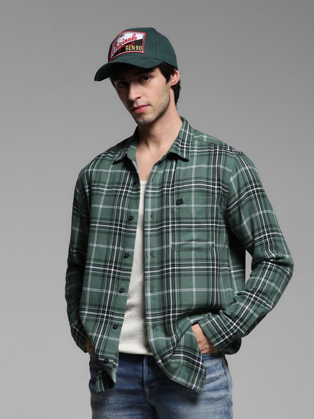 

Jack & Jones Men Spread Collar Tartan Checked Cotton Casual Shirt, Green