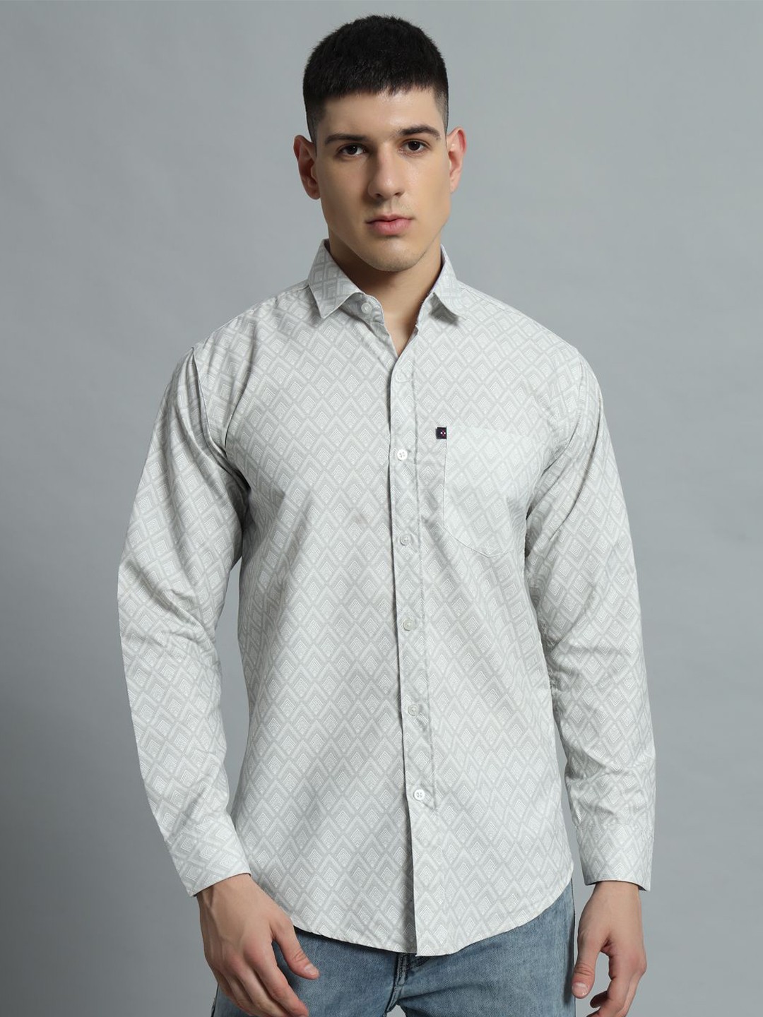 

WILD WEST Men Straight Spread Collar Geometric Printed Cotton Casual Shirt, White