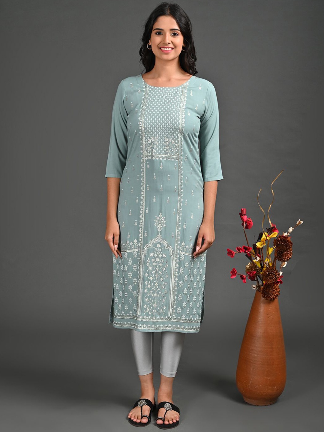 

GOLDSTROMS Floral Woven Design Round Neck Straight Kurta, Green