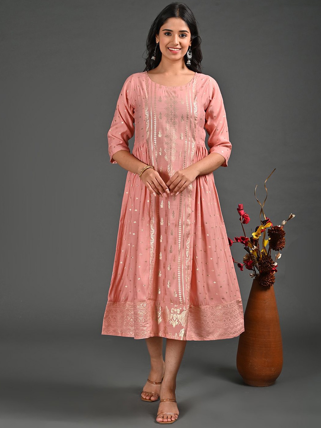 

GOLDSTROMS Floral Printed A-Line Ethnic Dress, Peach