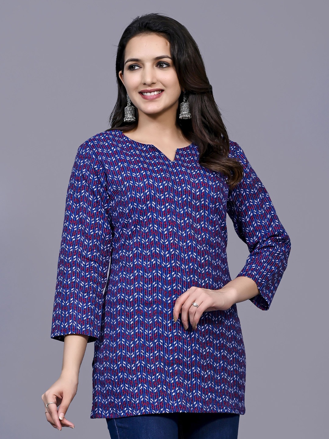 

PIDAVLIYA'S Women Floral Printed V-Neck Pure Cotton Handloom Kurti, Blue