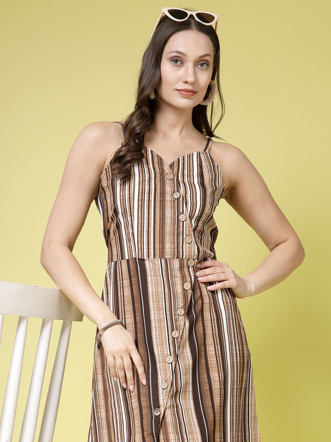 

BEING NAUGHTY Women Striped Shoulder Straps A-Line Dress, Coffee brown