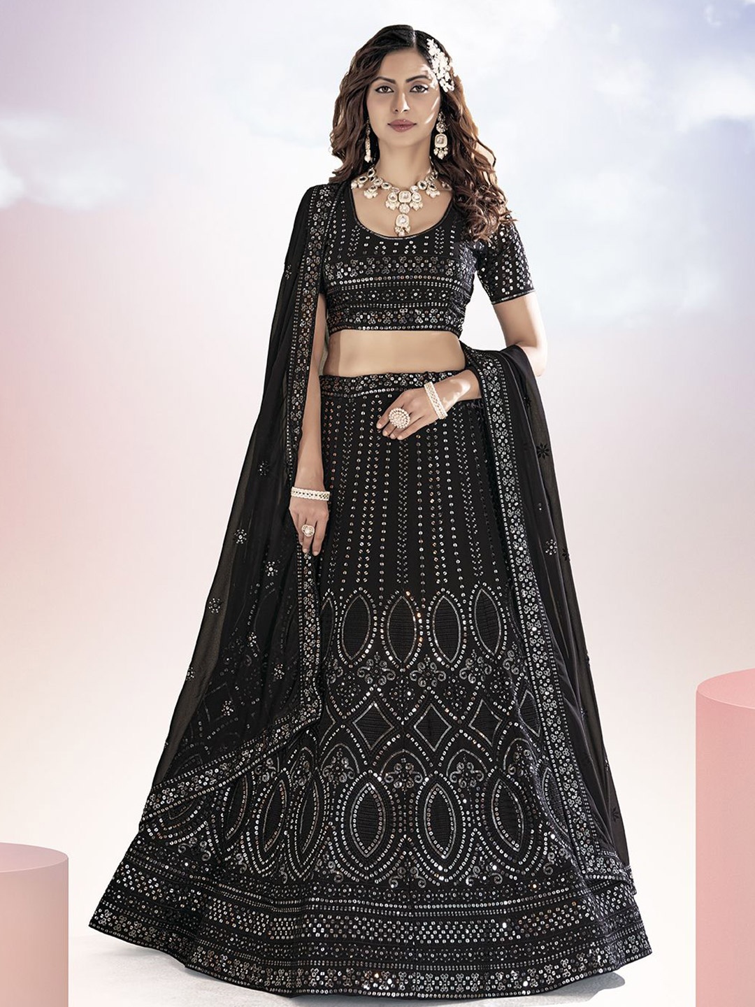 

Shee Star Embroidered Semi-Stitched Lehenga & Unstitched Blouse With Dupatta, Black