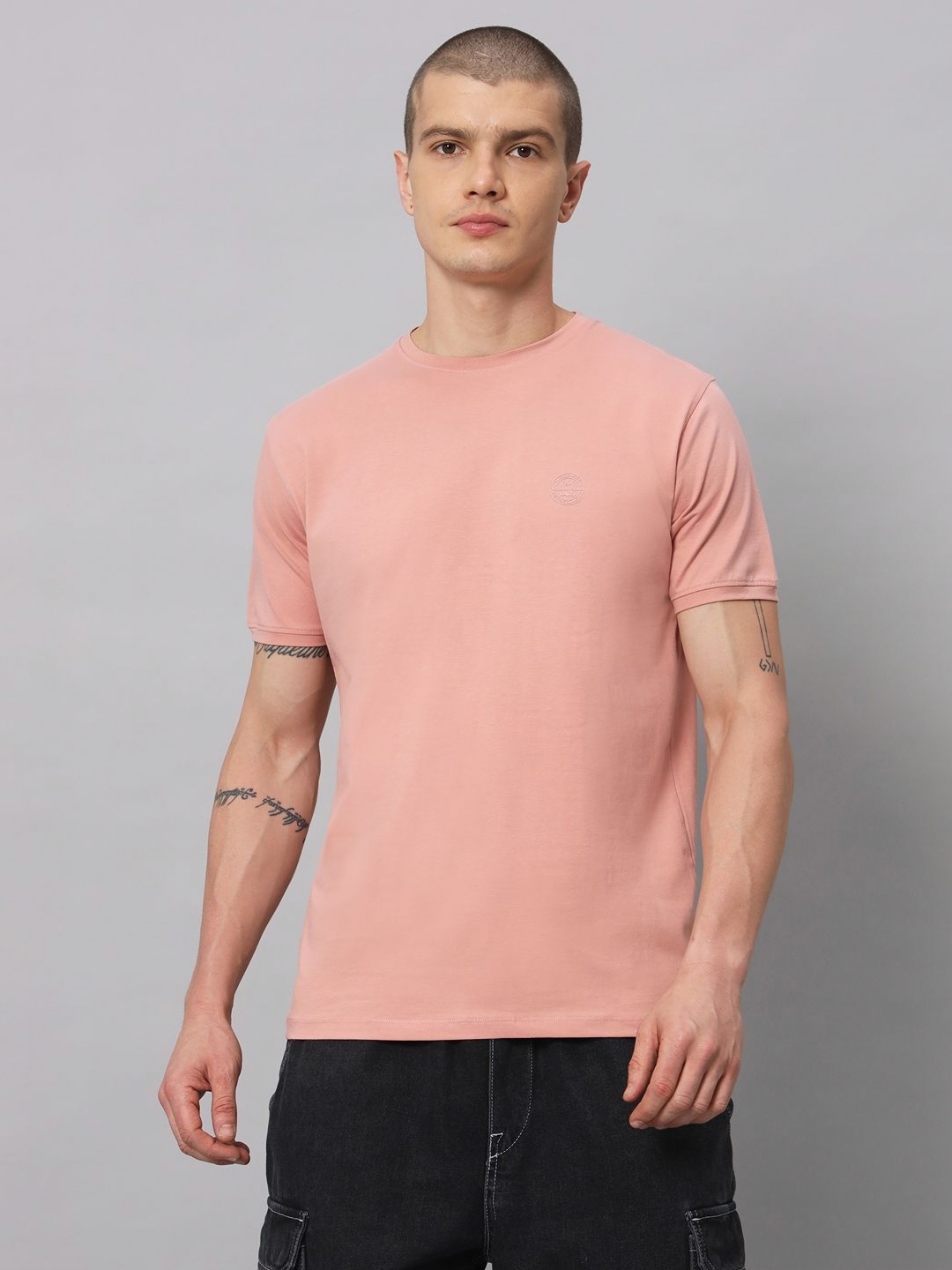 

URBAN TRAIL Men Solid Round Neck Cotton T-shirt, Peach