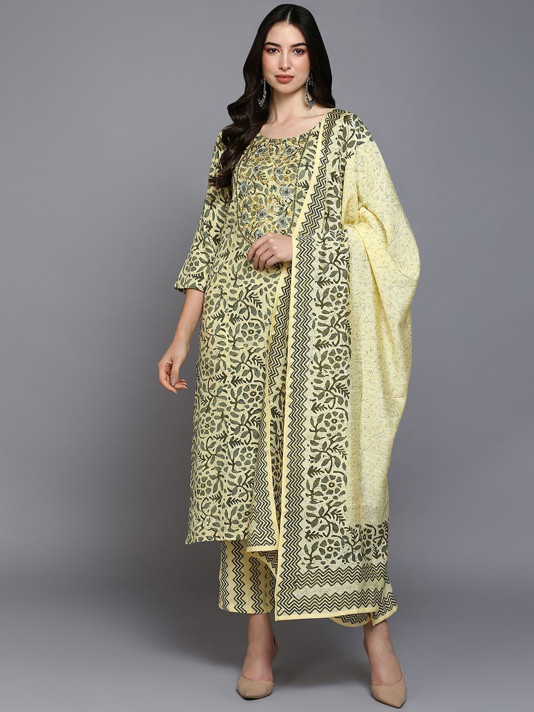 

KALINI Floral Printed Thread Work Straight Kurta with Trousers & Dupatta, Yellow