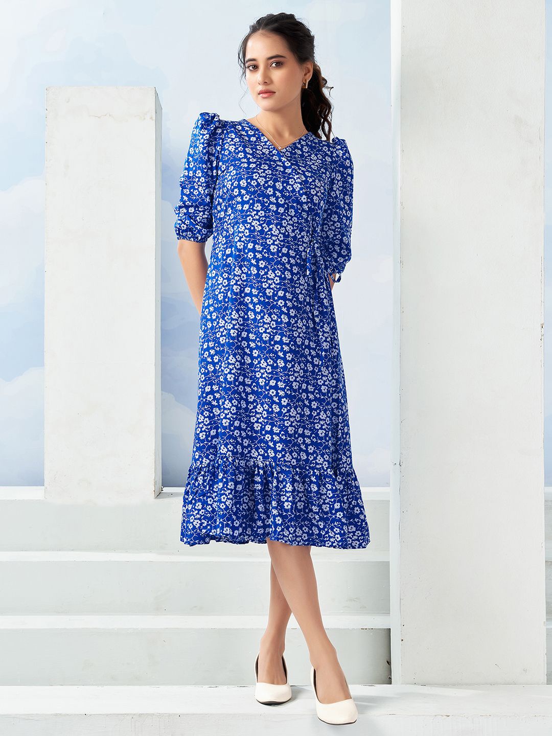 

Selvia Women Floral Printed Crepe A-Line Midi Dress, Blue