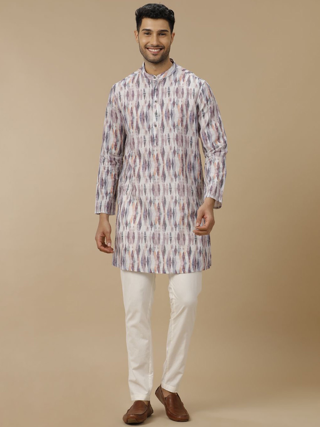 

Linen Club Abstract Printed Mandarin Collar Linen Cotton Straight Kurta, Purple