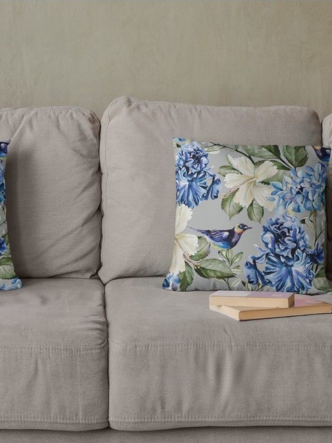

THEYAYACAFE Grey & Blue 2 Pieces Floral Velvet Square Cushion Covers