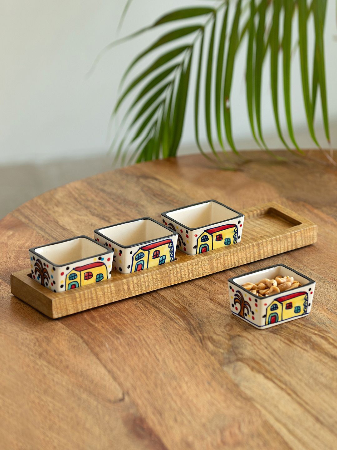 

ExclusiveLane 'The Hut' Red & White 4 Pieces Printed Ceramic Dip Bowls With Tray 80ml Each