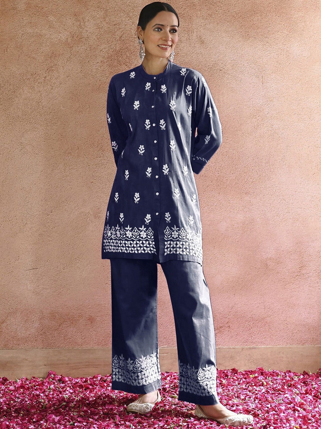 

JULEE Ethnic Motifs Embroidered Band Collar A-Line Kurta with Palazzo, Navy blue