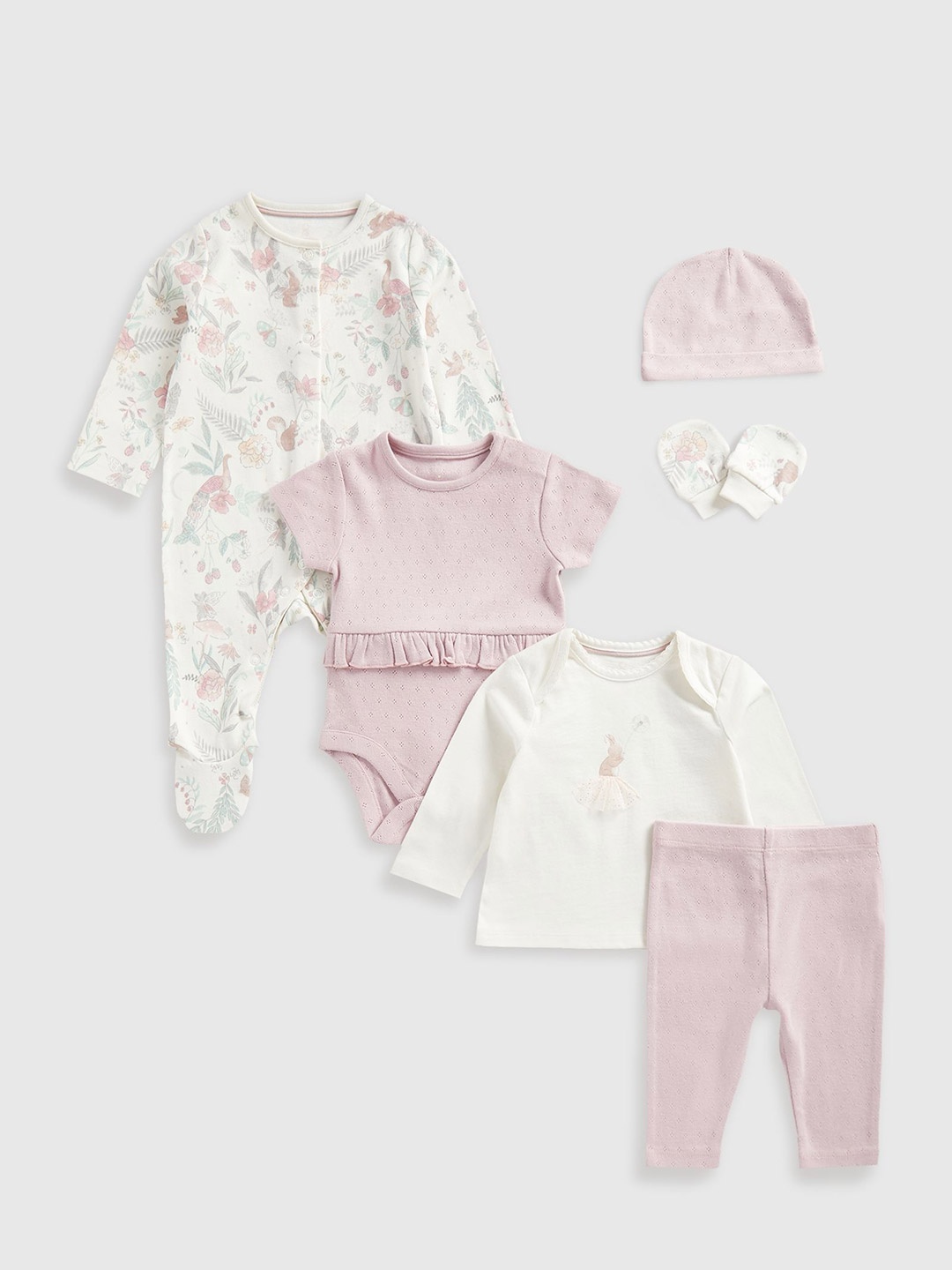 

mothercare Infants Girls 6 Pieces Printed Pure Cotton Baby Apparel Set, Purple