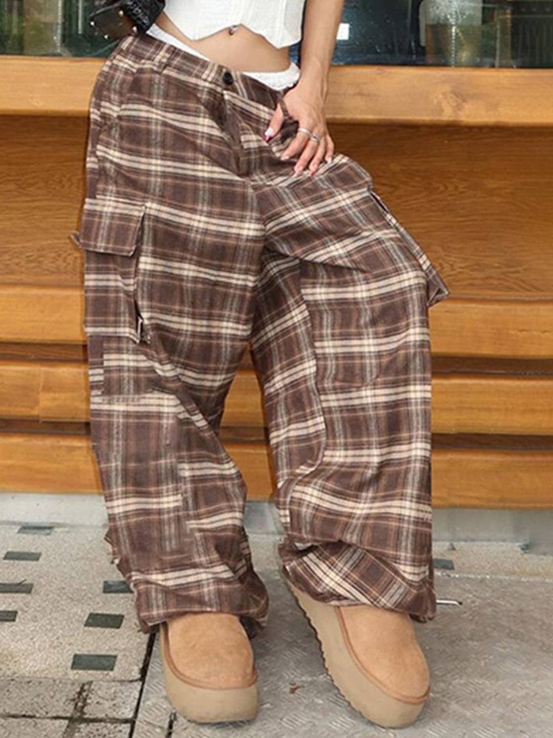 

LULU & SKY Women Checked Straight Fit Trousers, Brown