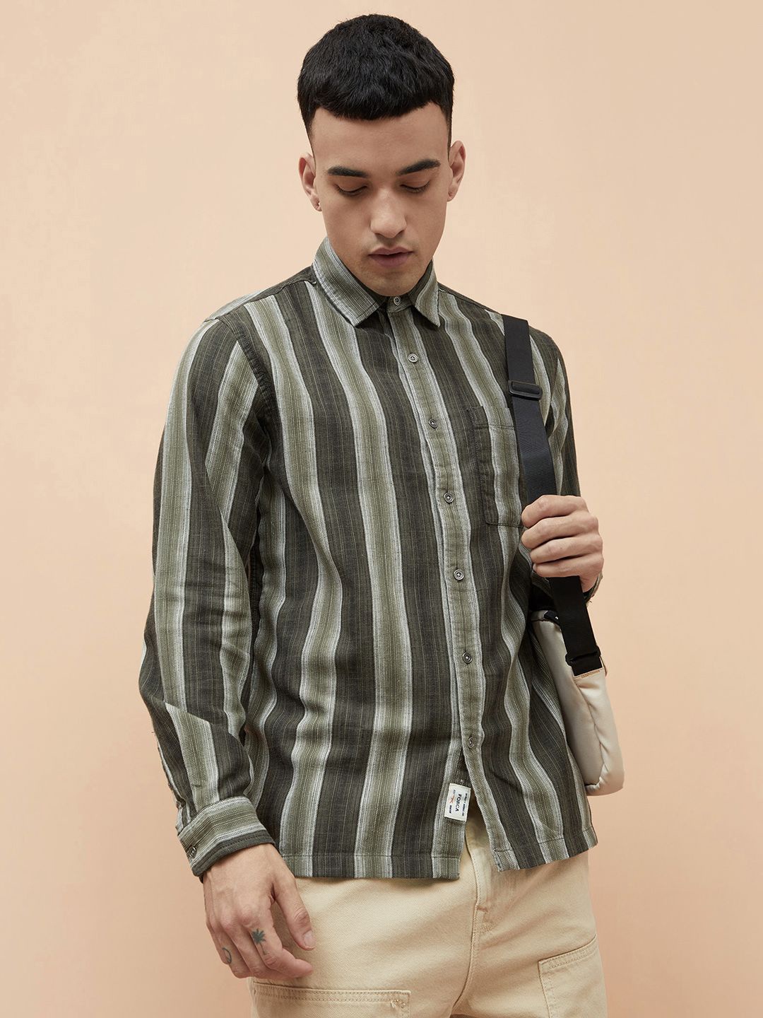 

Forca by Lifestyle Men Spread Collar Vertical Striped Cotton Casual Shirt, Olive
