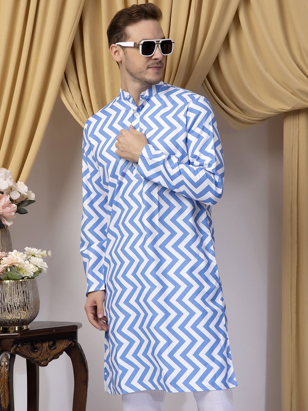 

Hangup Chevron Printed Mandarin Collar Straight Kurta, Blue