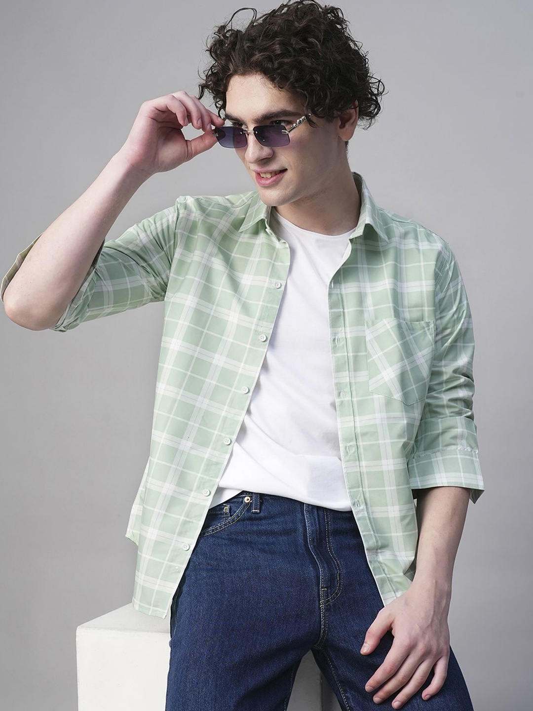 

TRYBUY.IN Men Standard Spread Collar Tartan Checked Cotton Casual Shirt, Green