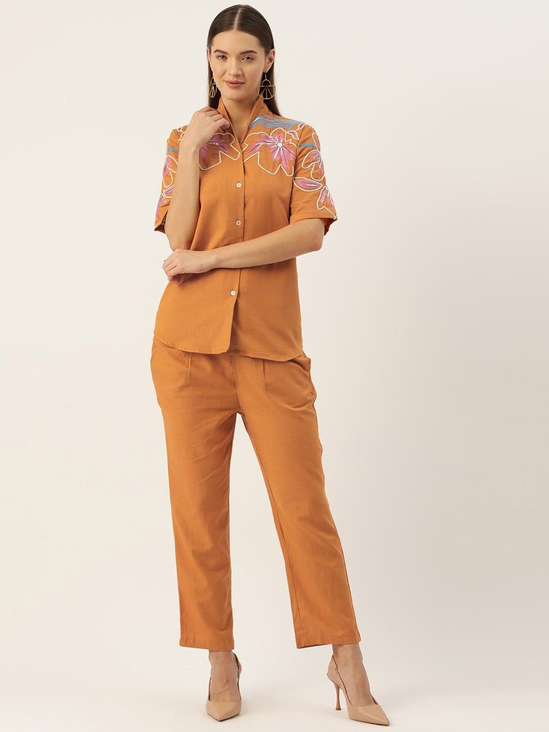 

AUTUMN LANE Embroidered Pure Cotton Shirt With Trousers, Orange
