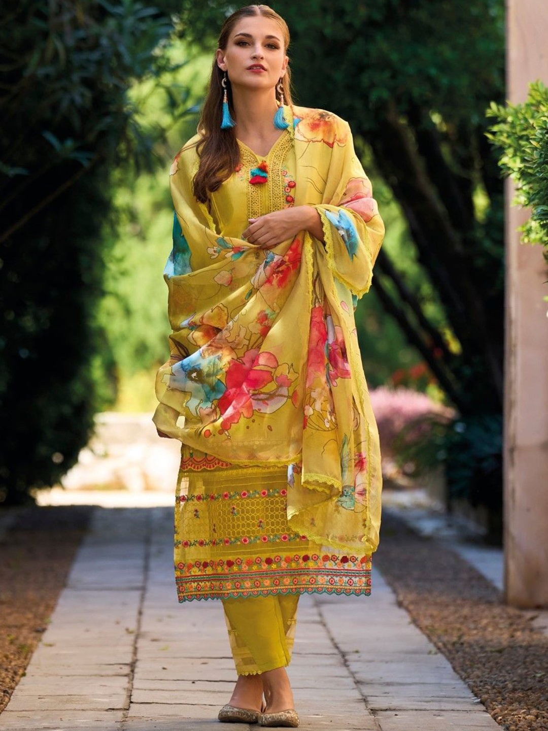 

AUTUMN LANE Floral Embroidered Straight Kurta With Trouser & Dupatta, Yellow