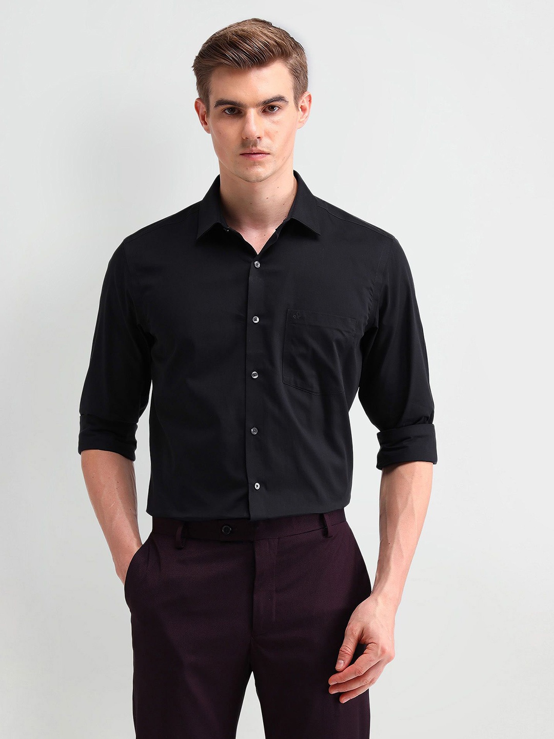 

Arrow Men Classic Spread Collar Solid Cotton Formal Shirt, Black