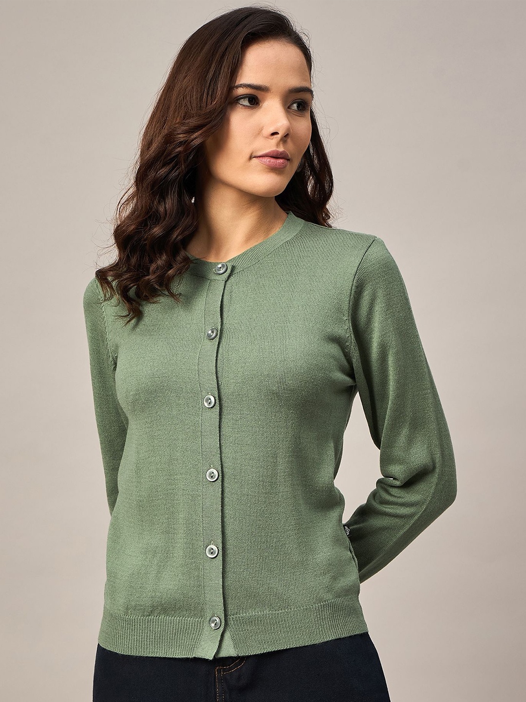 

The Roadster Lifestyle Co Round Neck Front Open Sweater, Sea green