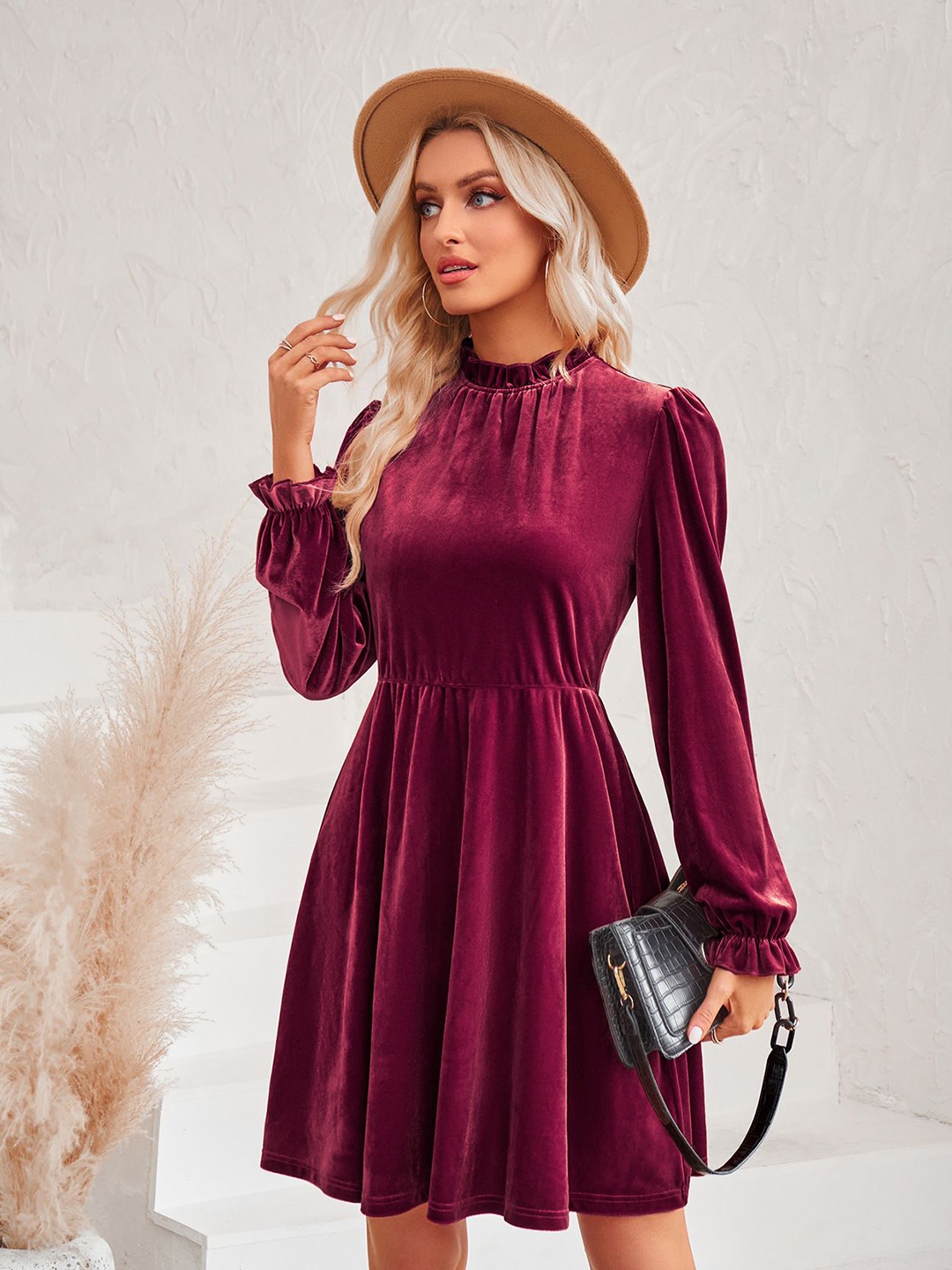 

StyleCast Women's Puff Sleeve Fit & Flare Dress, Burgundy