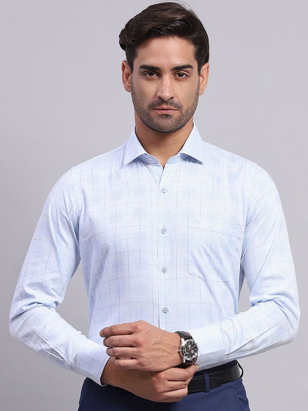 

Monte Carlo Men Spread Collar Checked Cotton Casual Shirt, Blue
