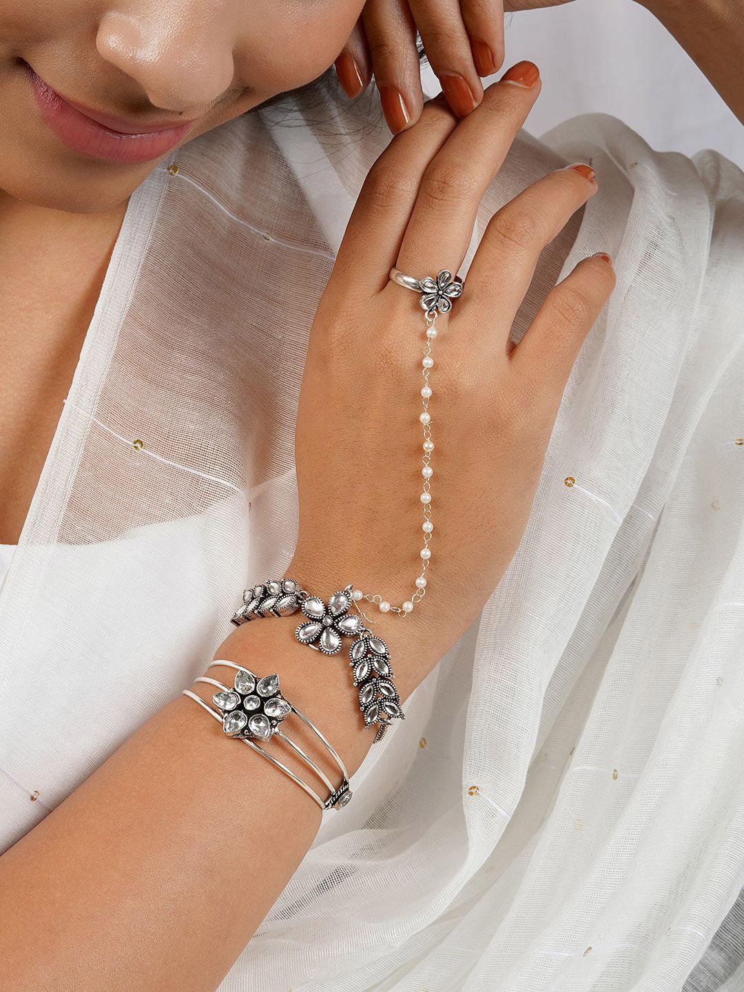 

TEEJH Soniya Stacked Pack Of 2 Alloy Bangle-Style Bracelet Set, Silver