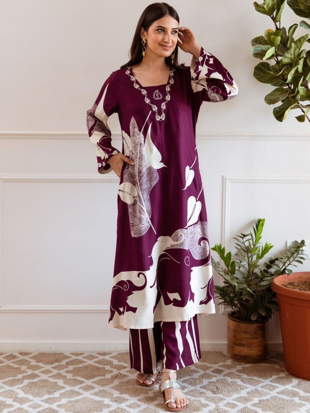 

AUTUMN LANE Ethnic Motifs Printed Thread Work Pure Cotton Straight Kurta With Palazzo, Rose