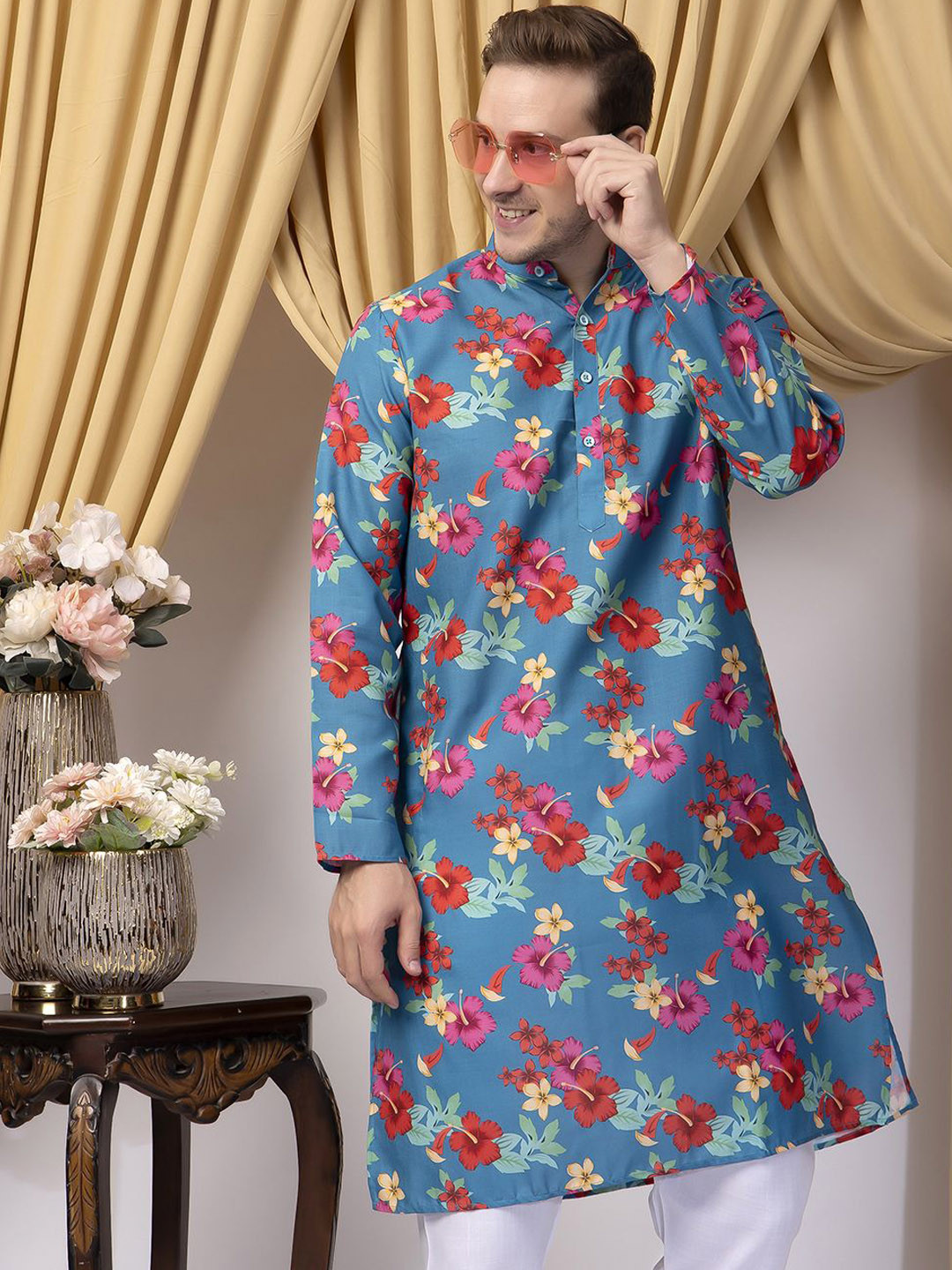 

Hangup Floral Printed Mandarin Collar Straight Kurta, Blue