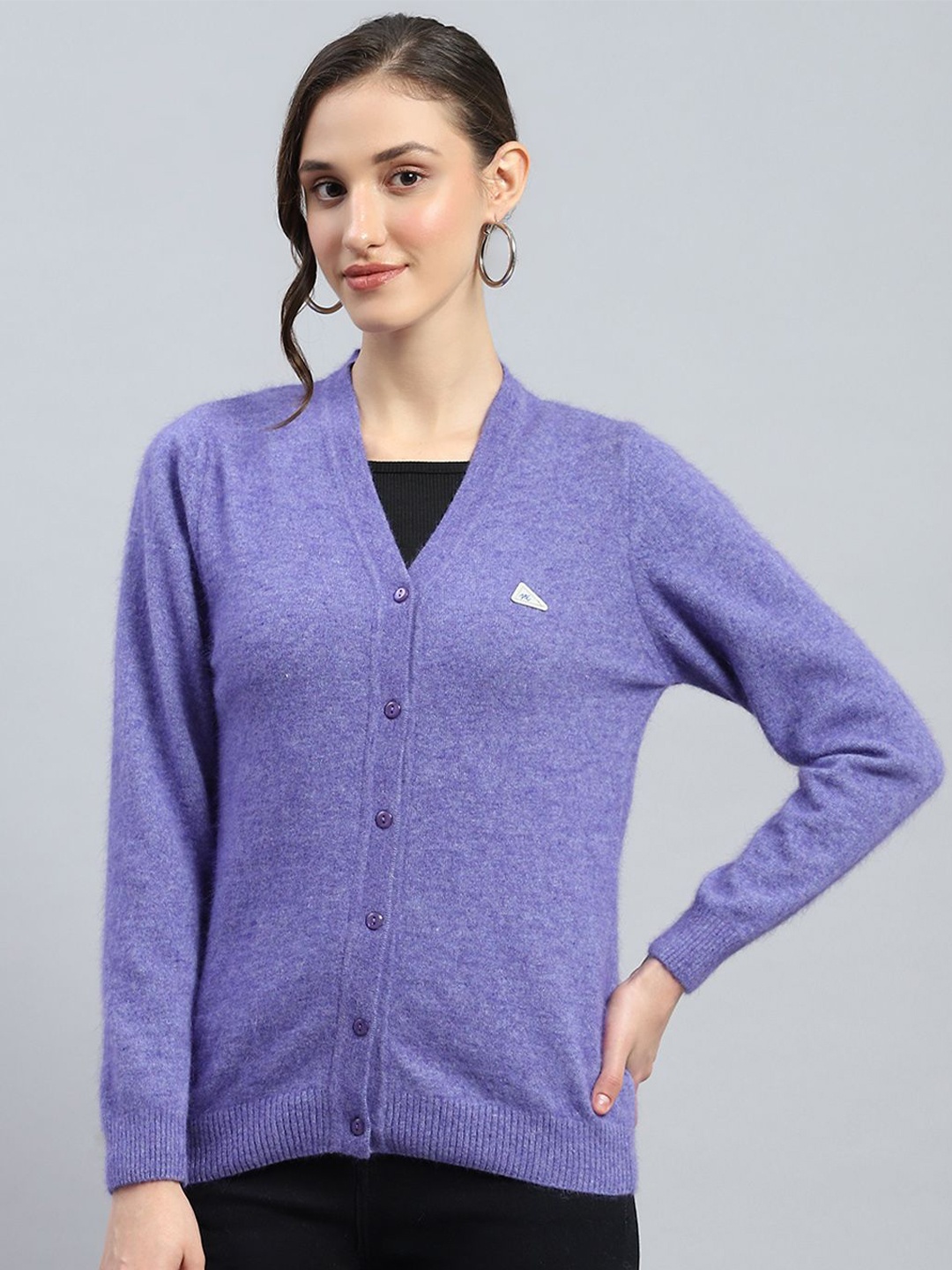 

Monte Carlo Women Solid V-Neck Cardigan, Purple