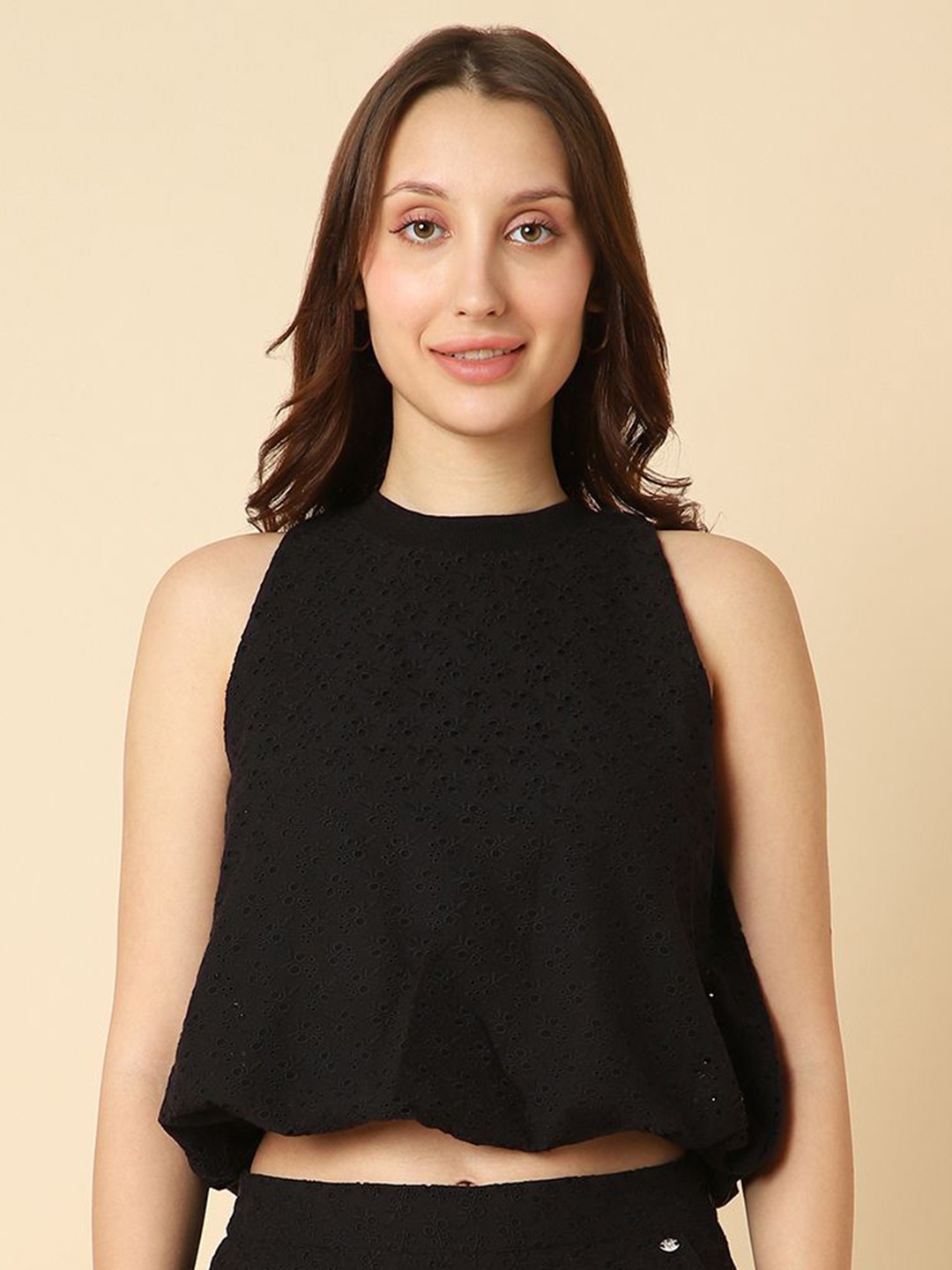 

Allen Solly Woman Women Self Design Round Neck Cotton Top, Black