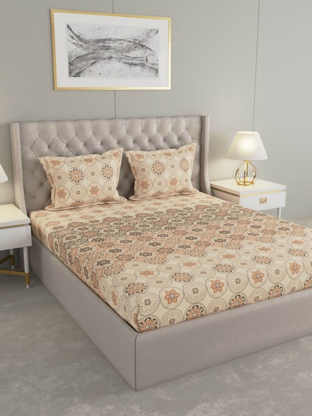 

Raymond Home Shubham Beige Ethnic Motifs 120 TC Cotton King Bedsheet & 2 Pillow Covers