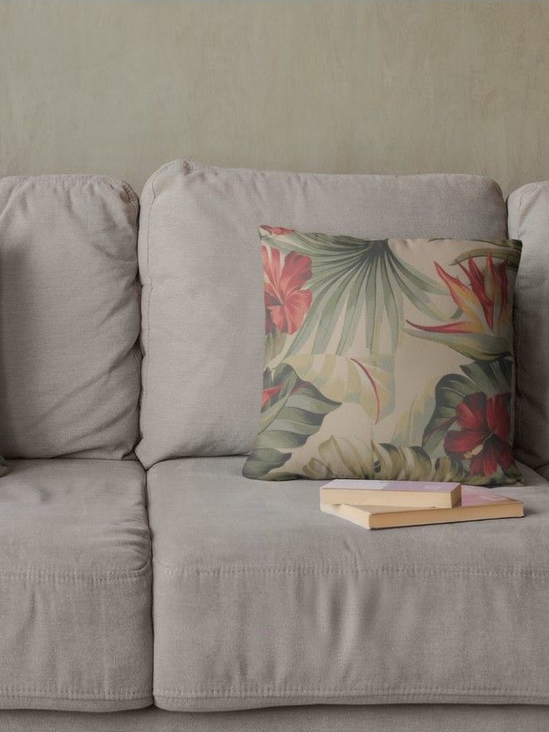 

THEYAYACAFE Cream-Coloured & Green 2 Pieces Floral Printed Velvet Square Cushion Covers