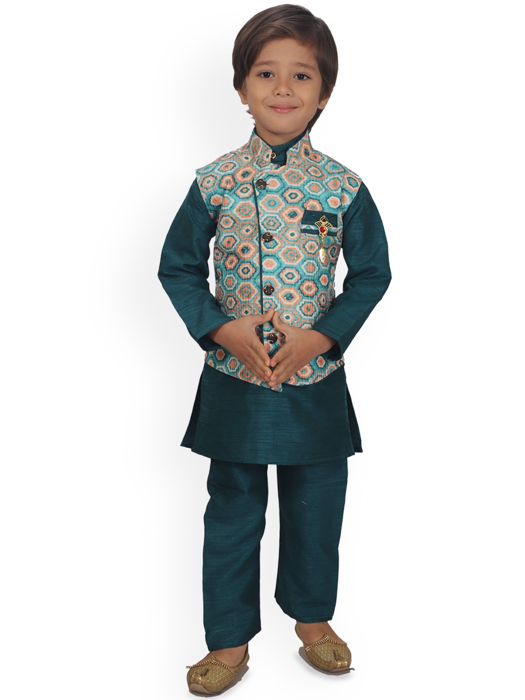 

Arshia Fashions Boys Band Collar Regular Straight Kurta with Pyjamas & Waistcoat, Green