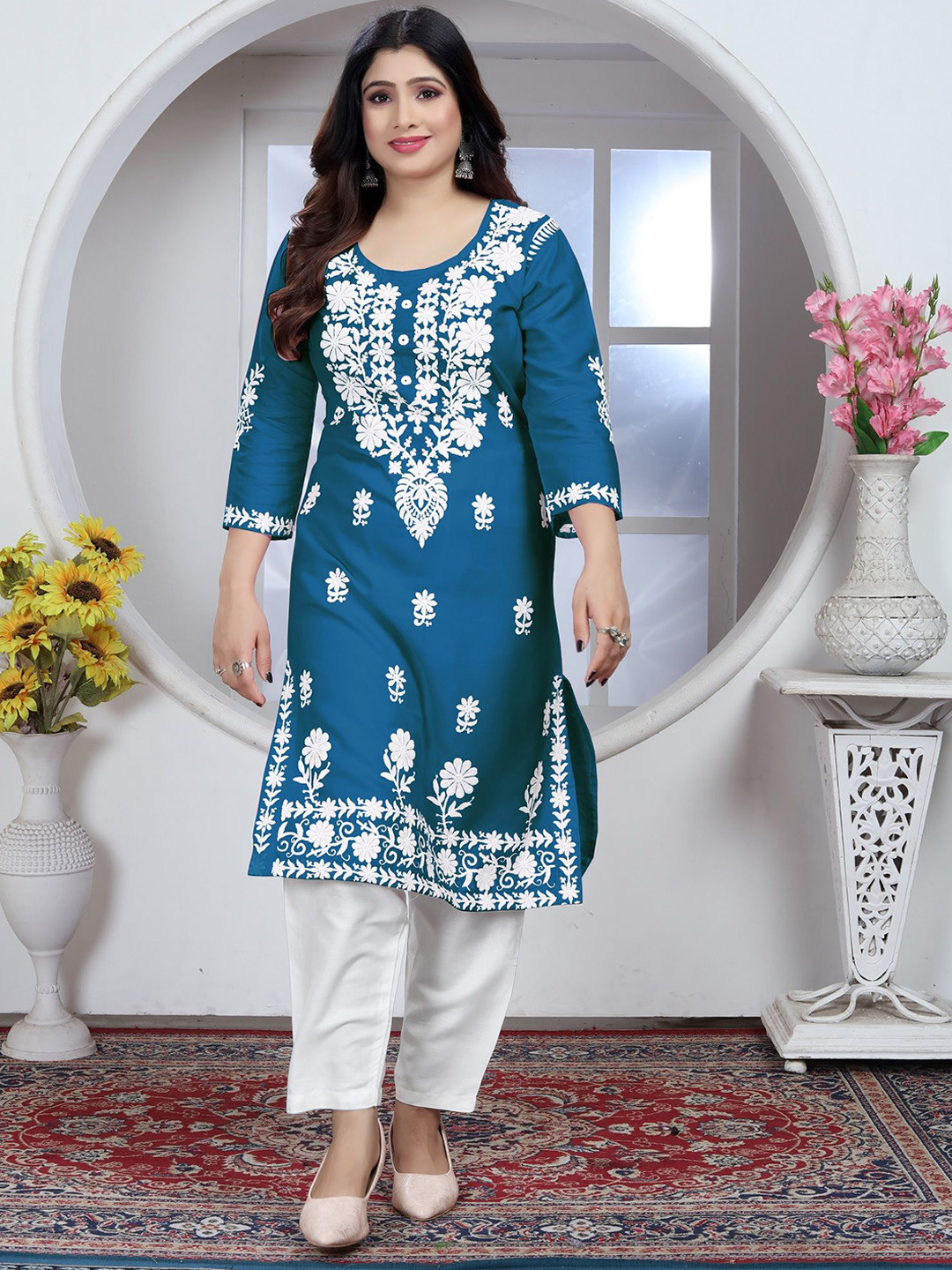 

Aika Floral Embroidered Regular Thread Work Straight Kurta with Palazzos, Teal