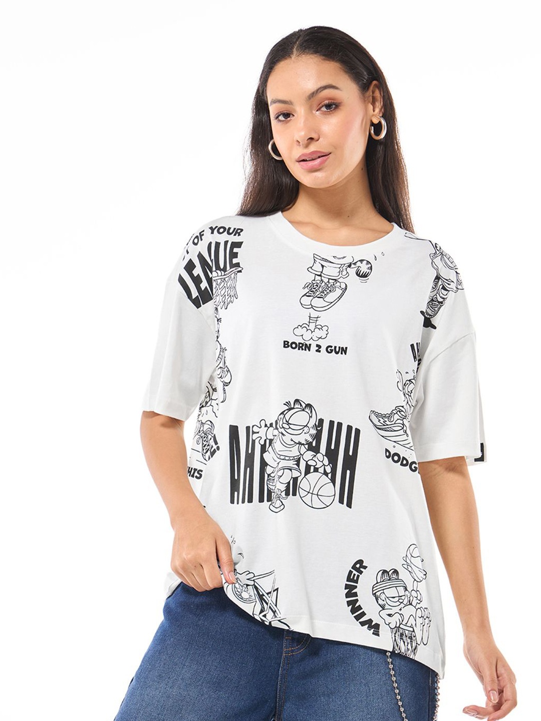 

Bewakoof Women Graphic Printed Round Neck Cotton Oversized T-shirt, White