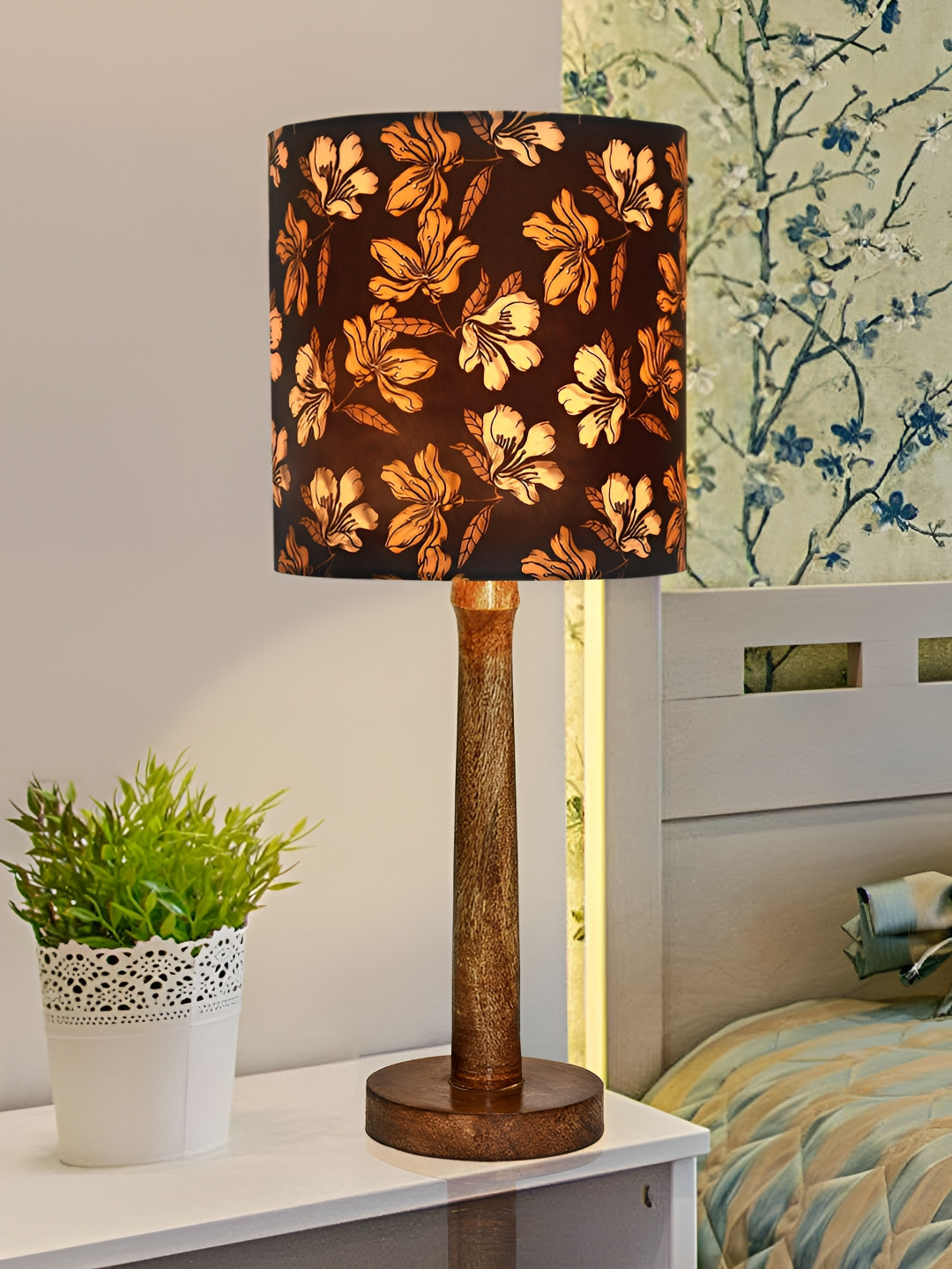 

Homesake Black & Brown Printed Wooden Cylindrical Shaped Table Lamp With Bulb